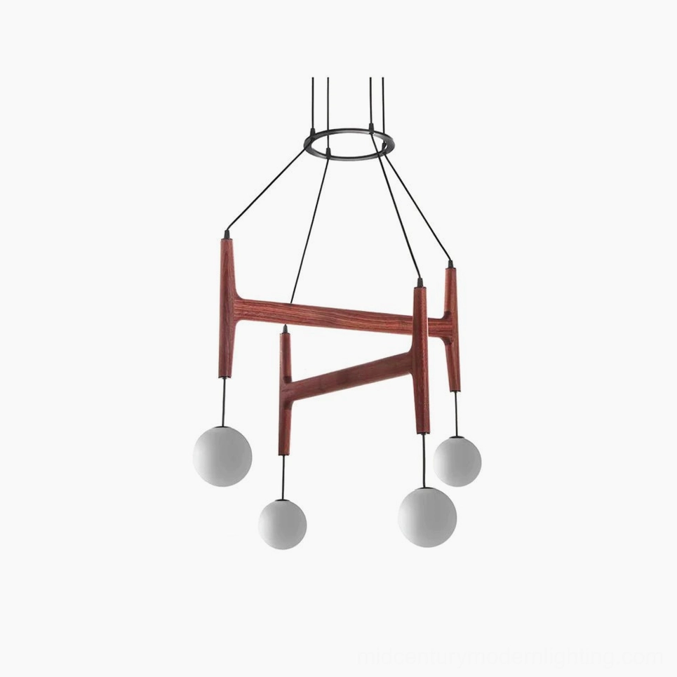 Astra mid-century modern geometric wooden chandelier with frosted glass globe shades full product view