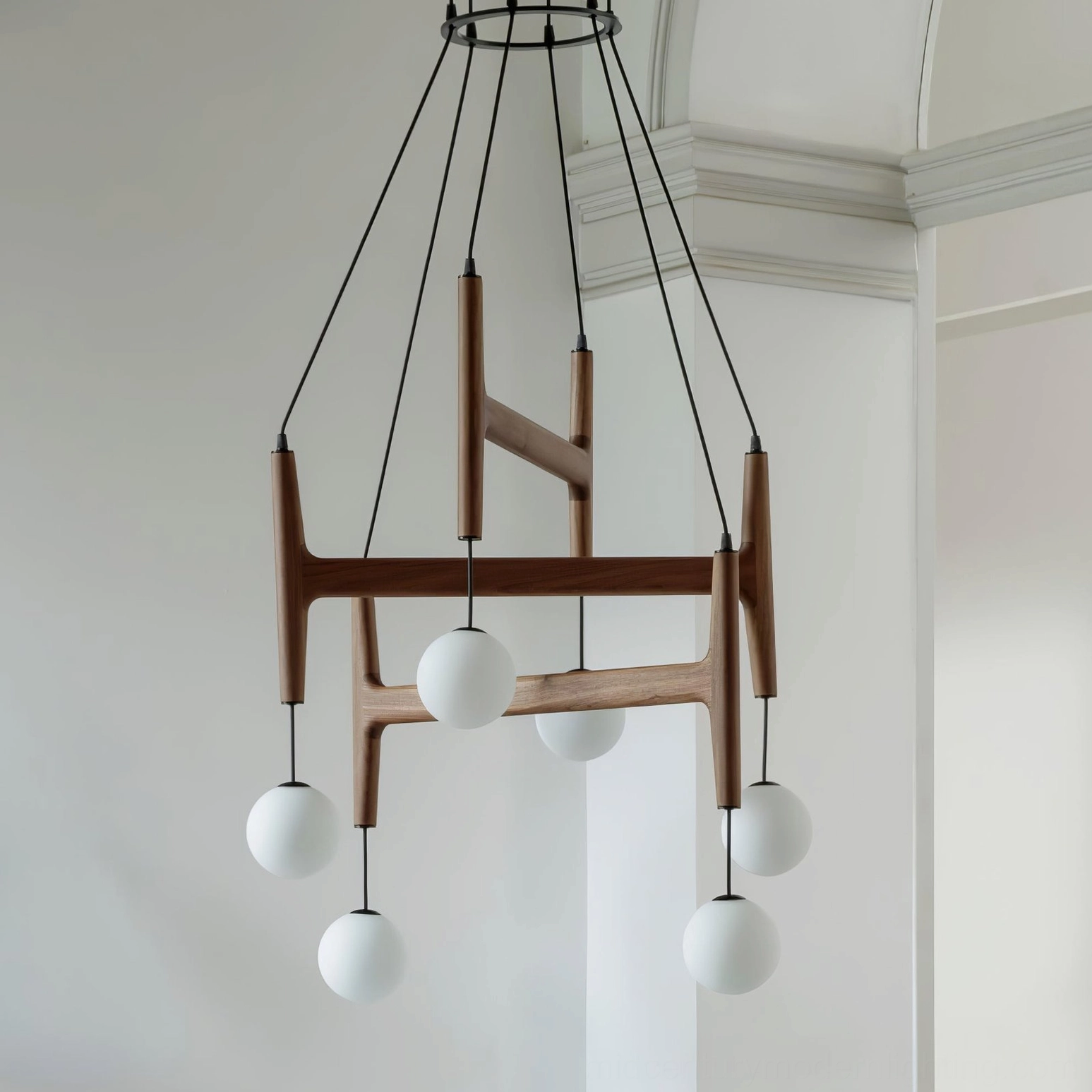 Astra mid-century modern wooden pendant chandelier with multiple frosted glass shades and metal hardware