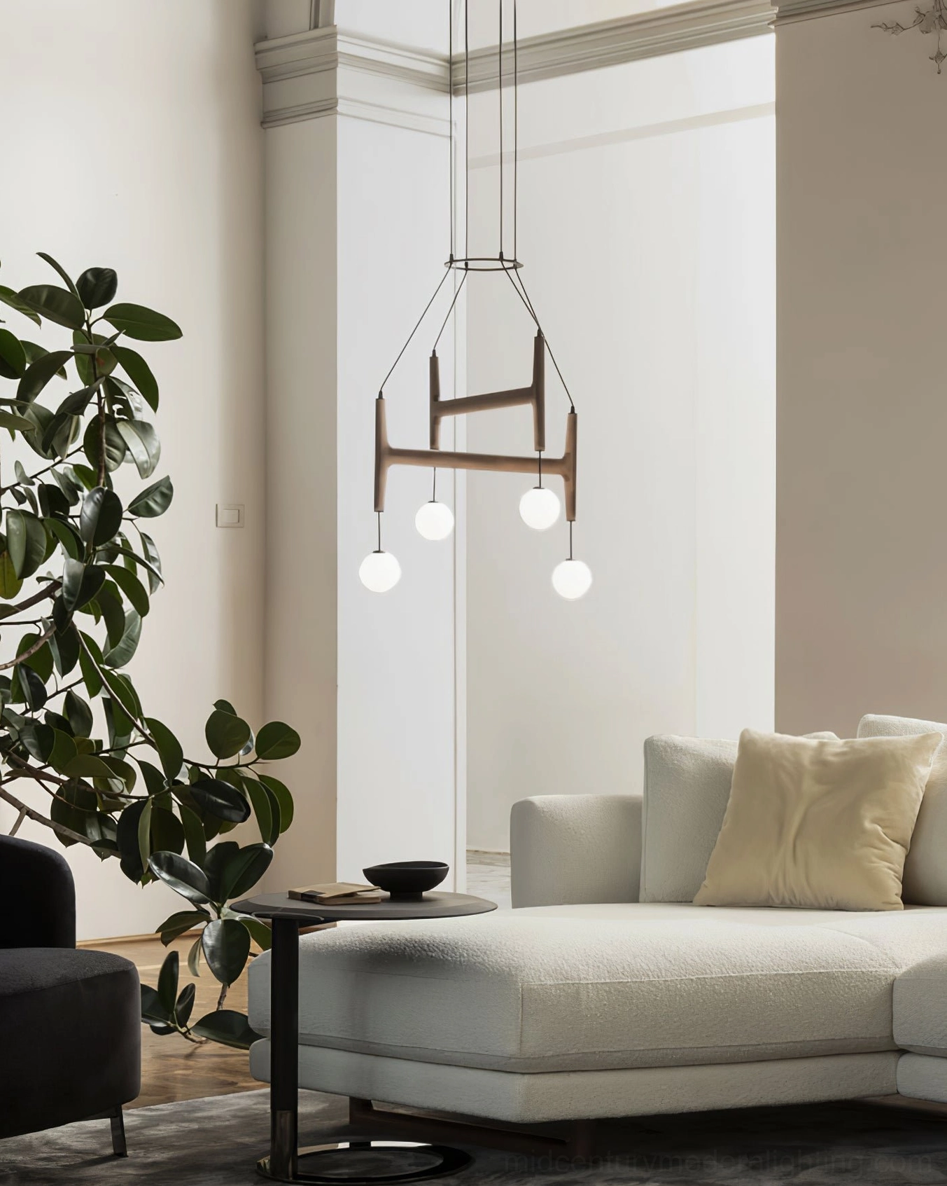 Astra mid-century style wooden chandelier with frosted glass pendants and metal suspension hardware