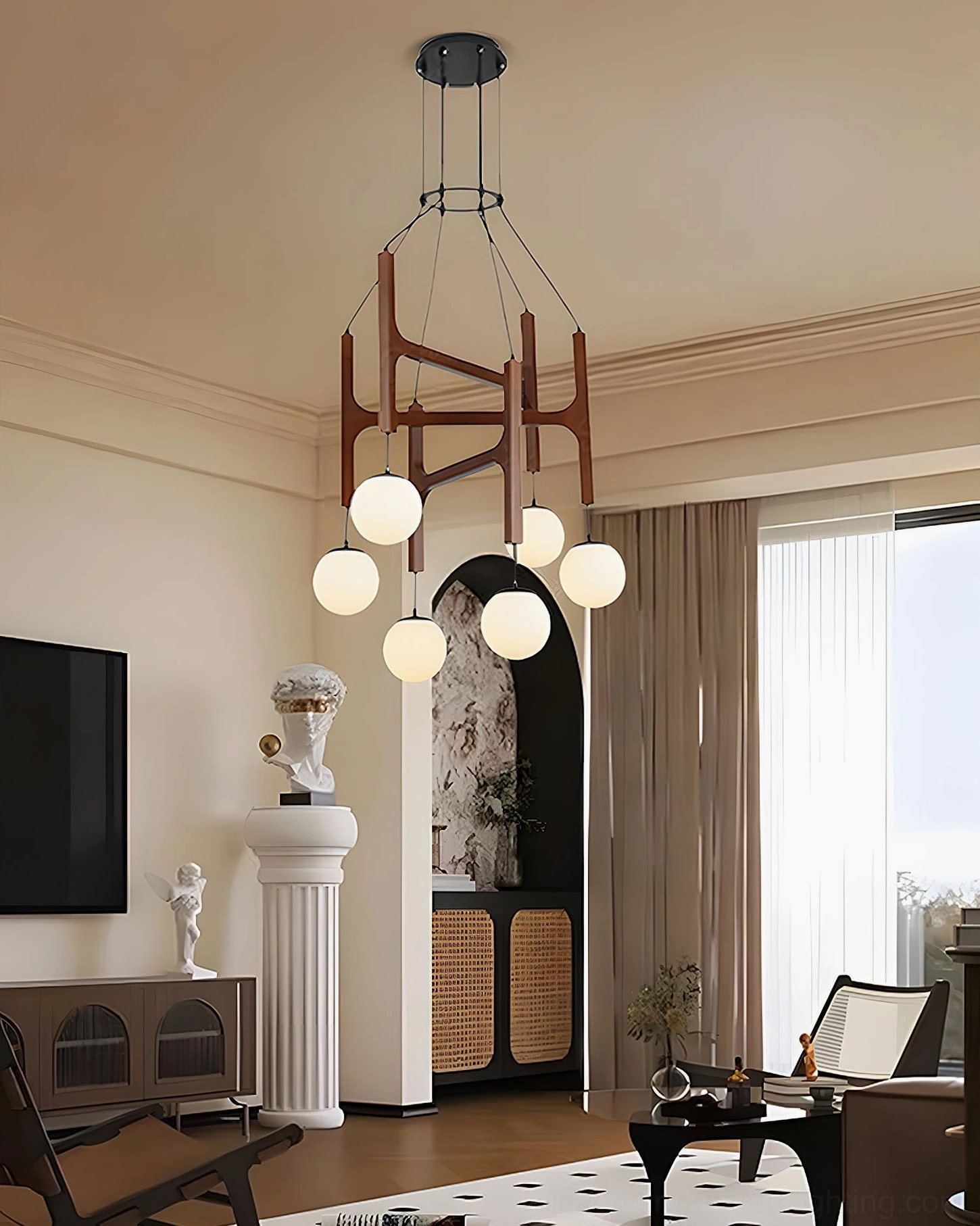 Multi-bulb Astra wooden chandelier with warm white illumination in modern living room mid-century style setting