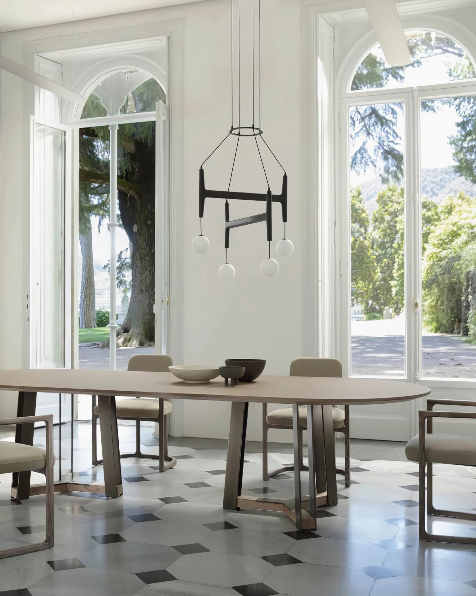 Astra wooden pendant light fixture with black ceiling mount and cascading frosted glass globe shades