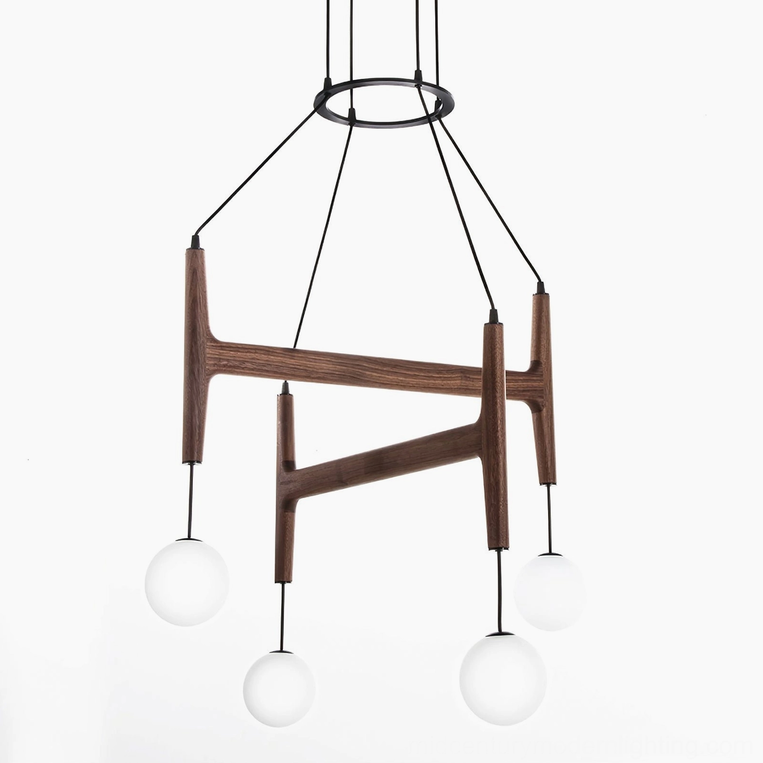 Astra wooden pendant chandelier showing suspension wire and frosted glass globe shade assembly