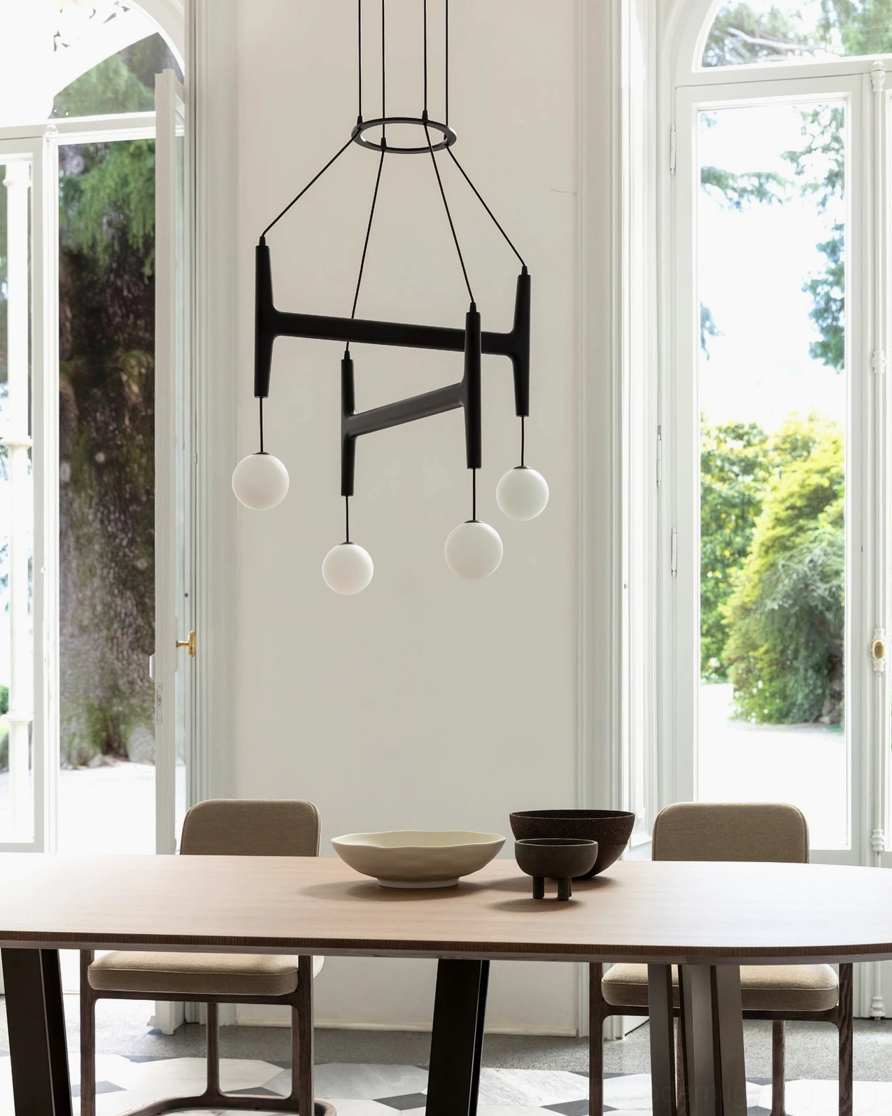 Astra geometric wooden chandelier suspension light with warm ambient illumination in residential interior