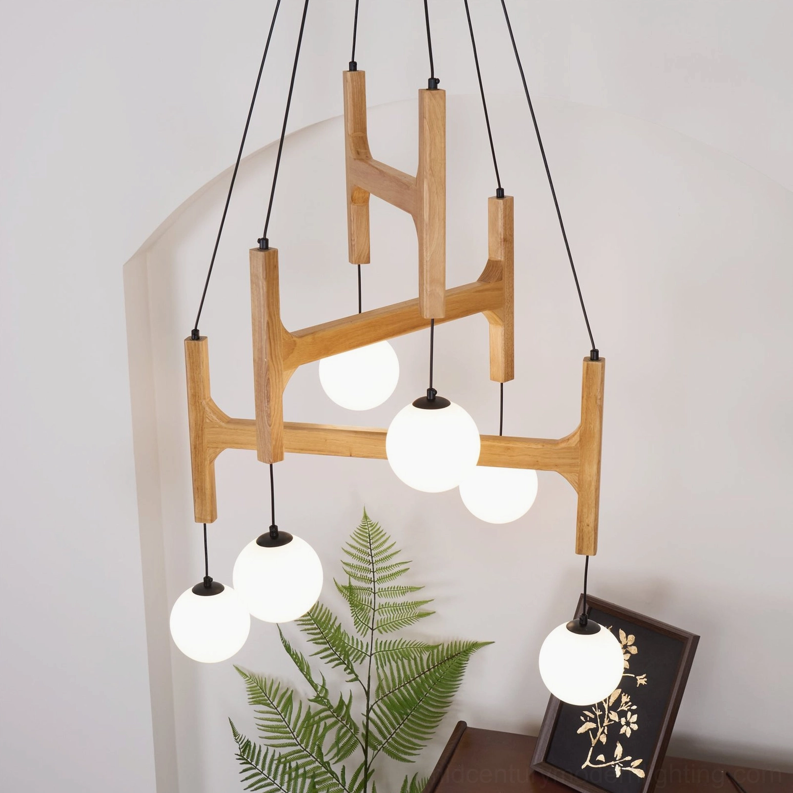 Astra geometric wooden chandelier with multiple pendant lights and suspension wires, industrial mid-century design