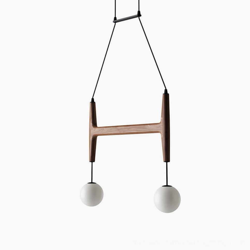 Astra mid-century wooden suspension light with black metal hardware and frosted glass pendants
