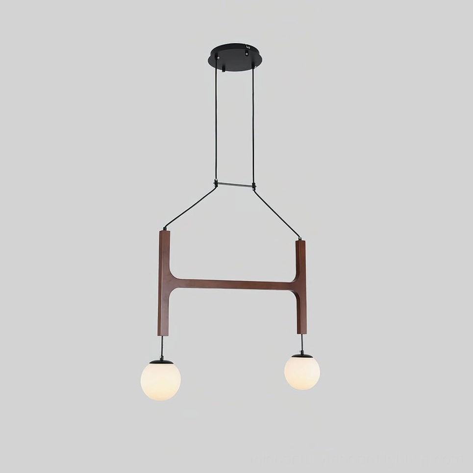 Astra wooden chandelier walnut color finish with suspended frosted glass globe lights
