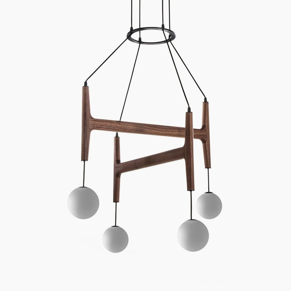 Astra wooden chandelier complete product showcase with geometric frame and pendant globe configuration