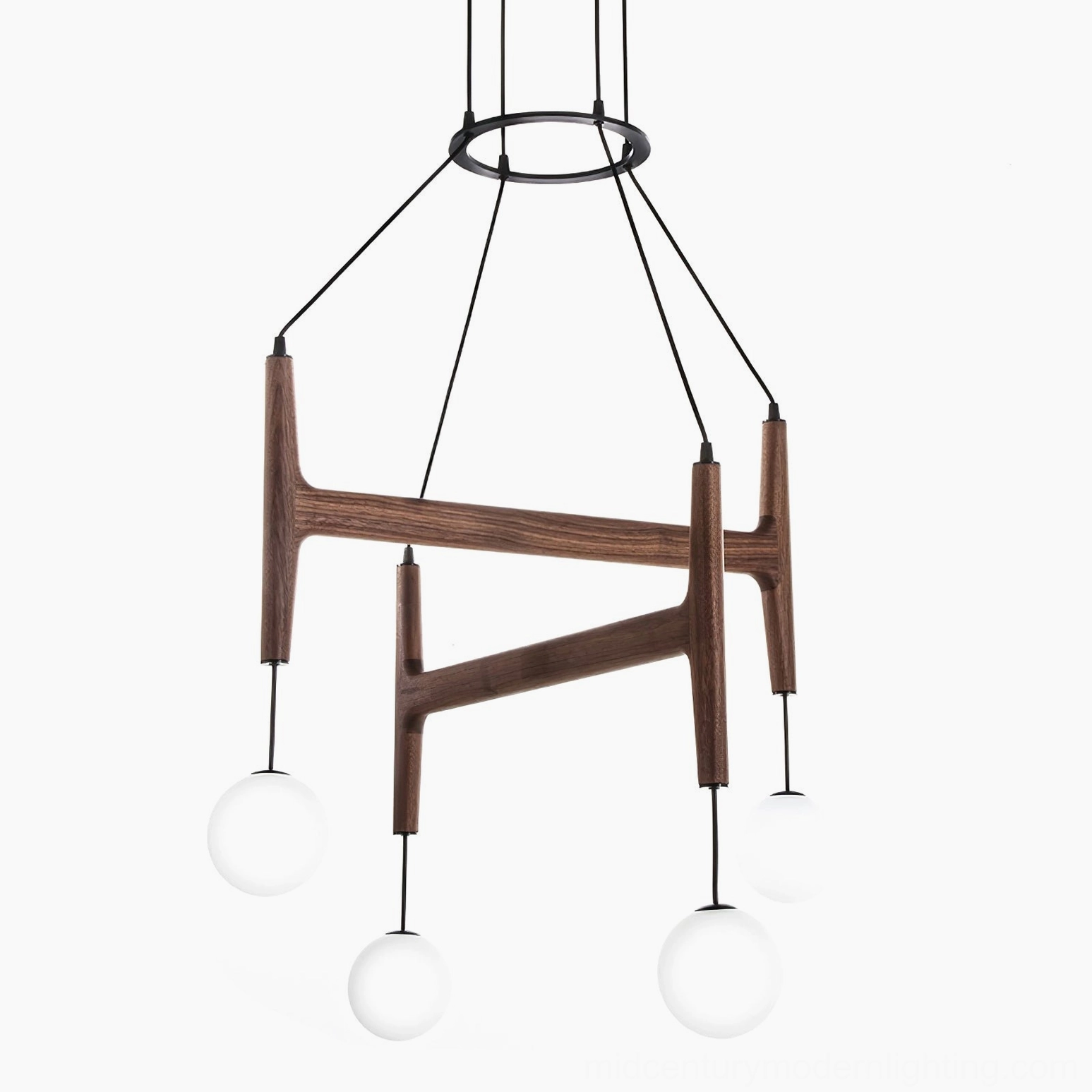 Astra wooden suspension light chandelier with precision-cut geometric frame and frosted white glass