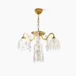 Astrid 4-head brass crystal droplet chandelier front overhead view with cascading faceted crystals on white background