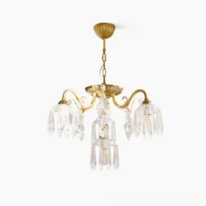 Astrid 4-head brass crystal droplet chandelier front overhead view with cascading faceted crystals on white background