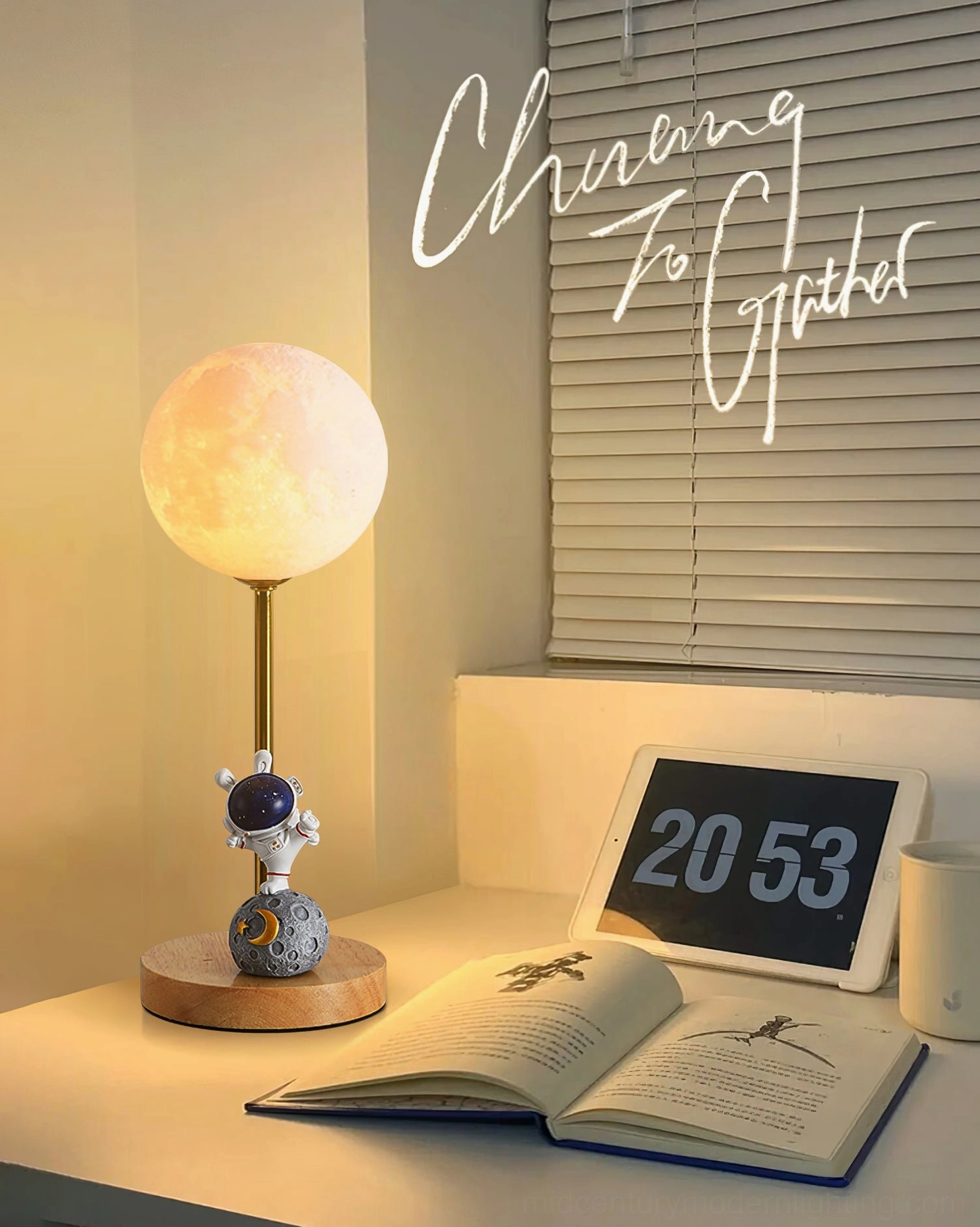 Astronaut moon table lamp on home office desk providing warm table light with blind wall background modern workspace