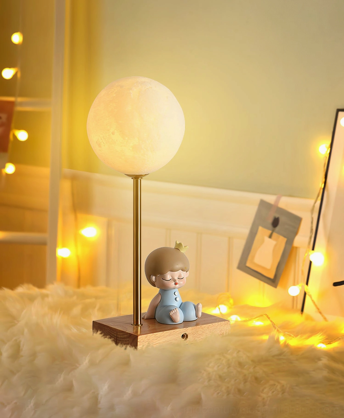Child-friendly astronaut moon lamp in cozy bedroom with fairy lights and fluffy rug showing cute space-themed decor arrangement