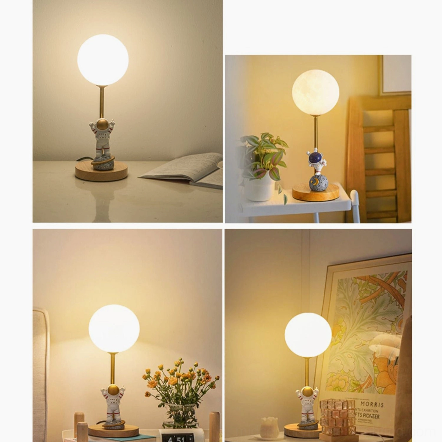 Astronaut moon table lamp with natural wood color finish option showing organic warmth and traditional craftsmanship