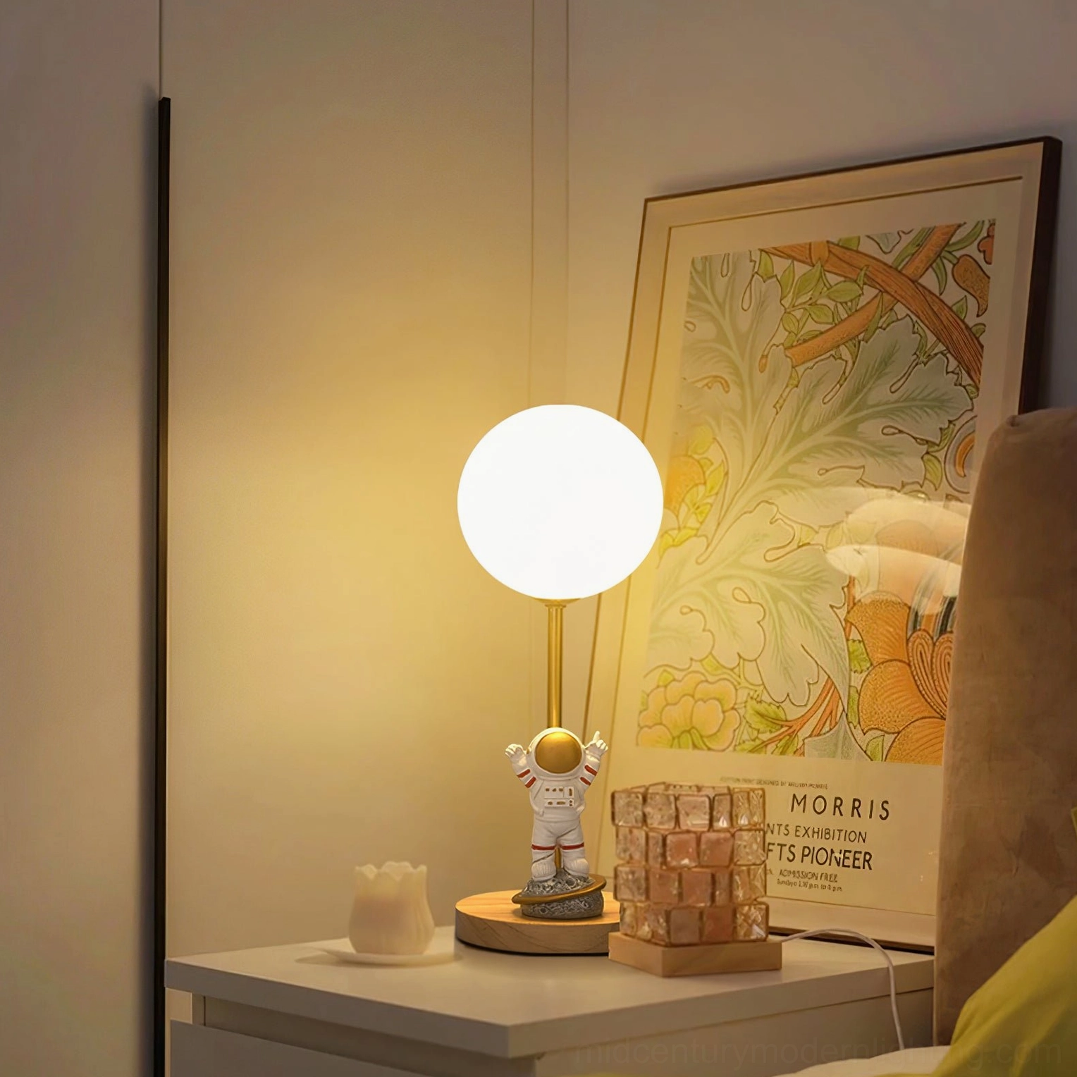 Astronaut moon table lamp in playroom creative space showing imagination-inspiring design for children and families