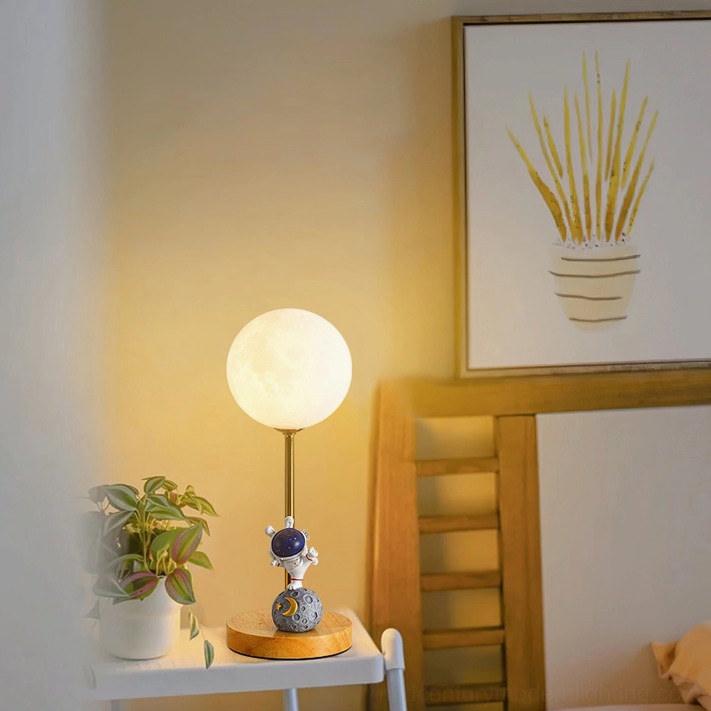 Astronaut moon lamp showing push button switch control detail and G9 LED bulb compatibility for energy-efficient lighting