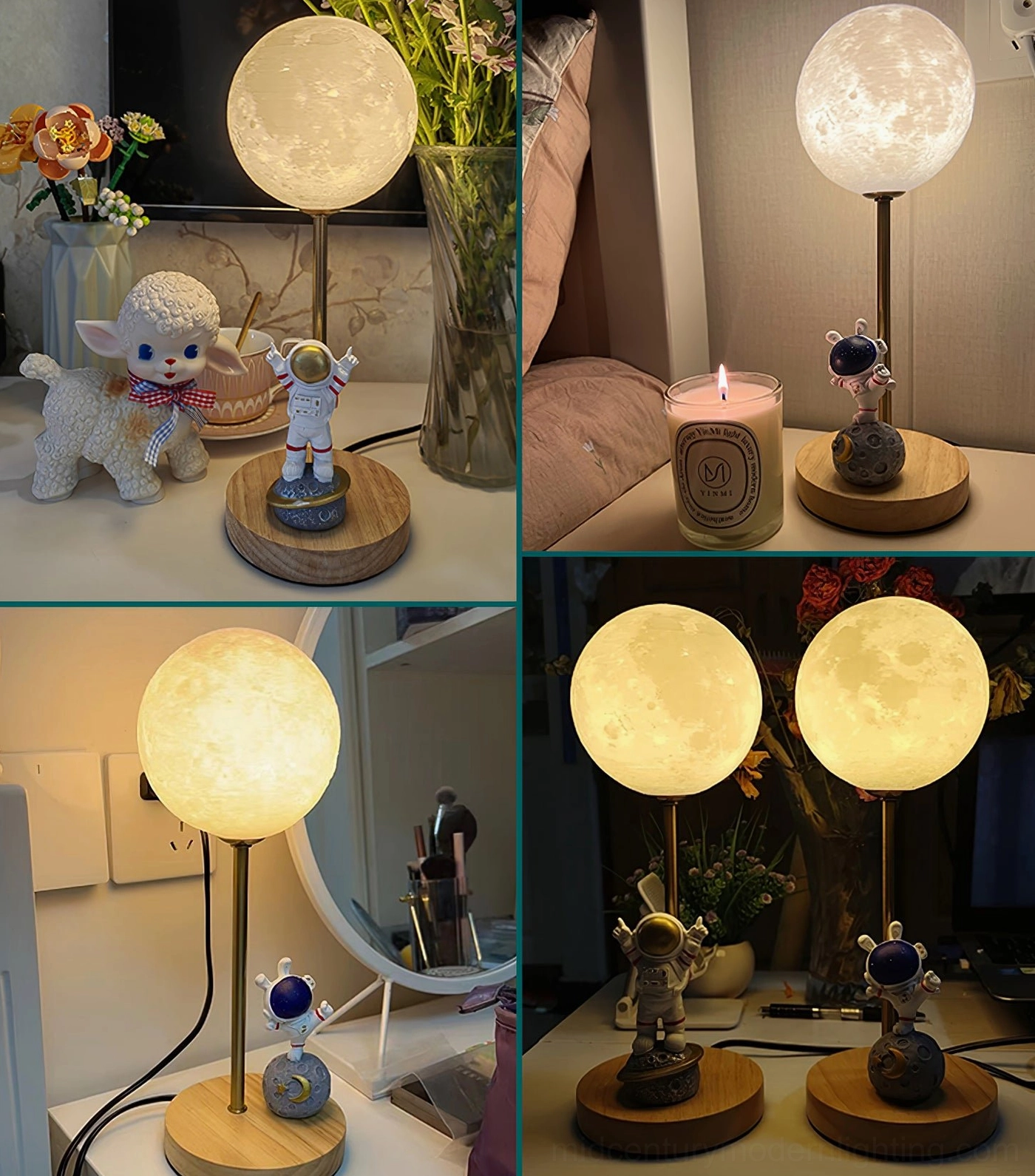 Multiple astronaut moon table lamps displayed in various indoor home settings showing uniform space-themed design versatility