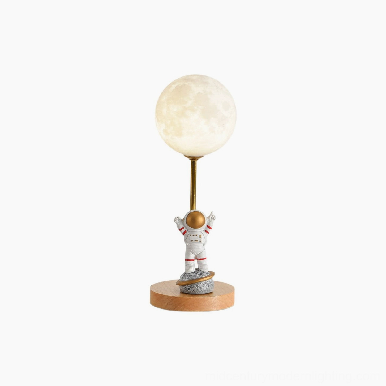 Astronaut moon table lamp with wooden base and resin astronaut figurine standing on moon complete product hero image