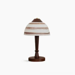 Athena mid-century modern ceramic table lamp with walnut wood base and hand-painted striped shade front view studio shot