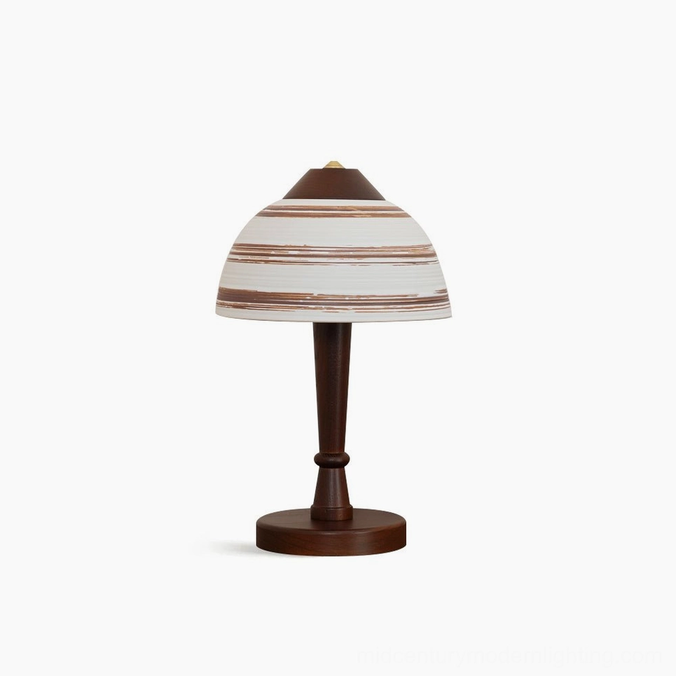 Athena mid-century modern ceramic table lamp with walnut wood base and hand-painted striped shade front view studio shot