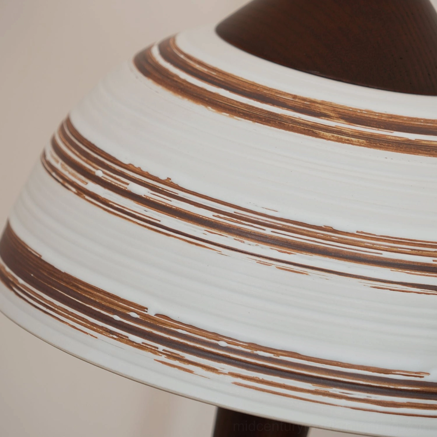 Macro close-up detail of Athena lampshade hand-brushed texture and brown striping ceramic craft detail