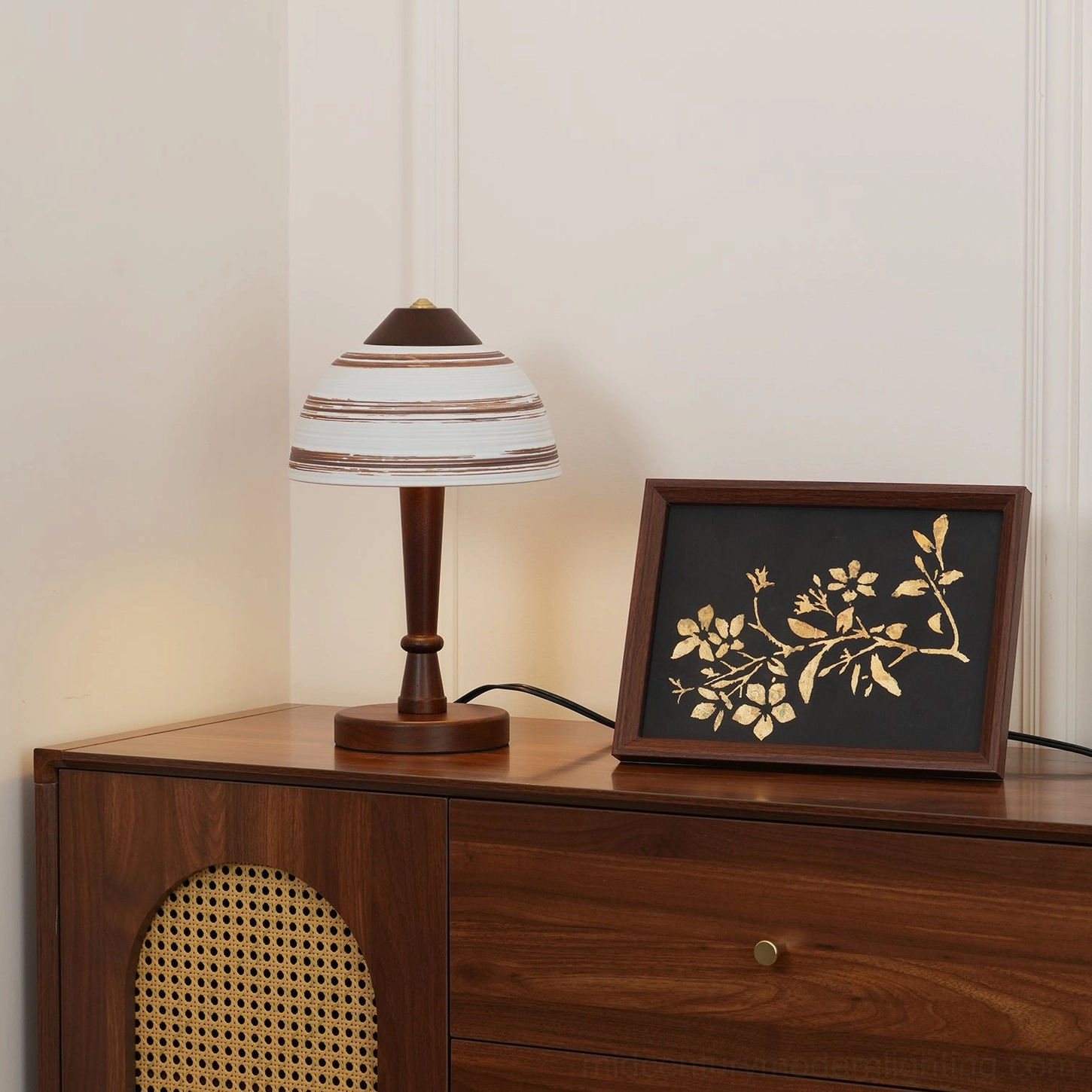Athena ceramic table lamp alternative angle showcasing hand-painted striping and solid wood construction