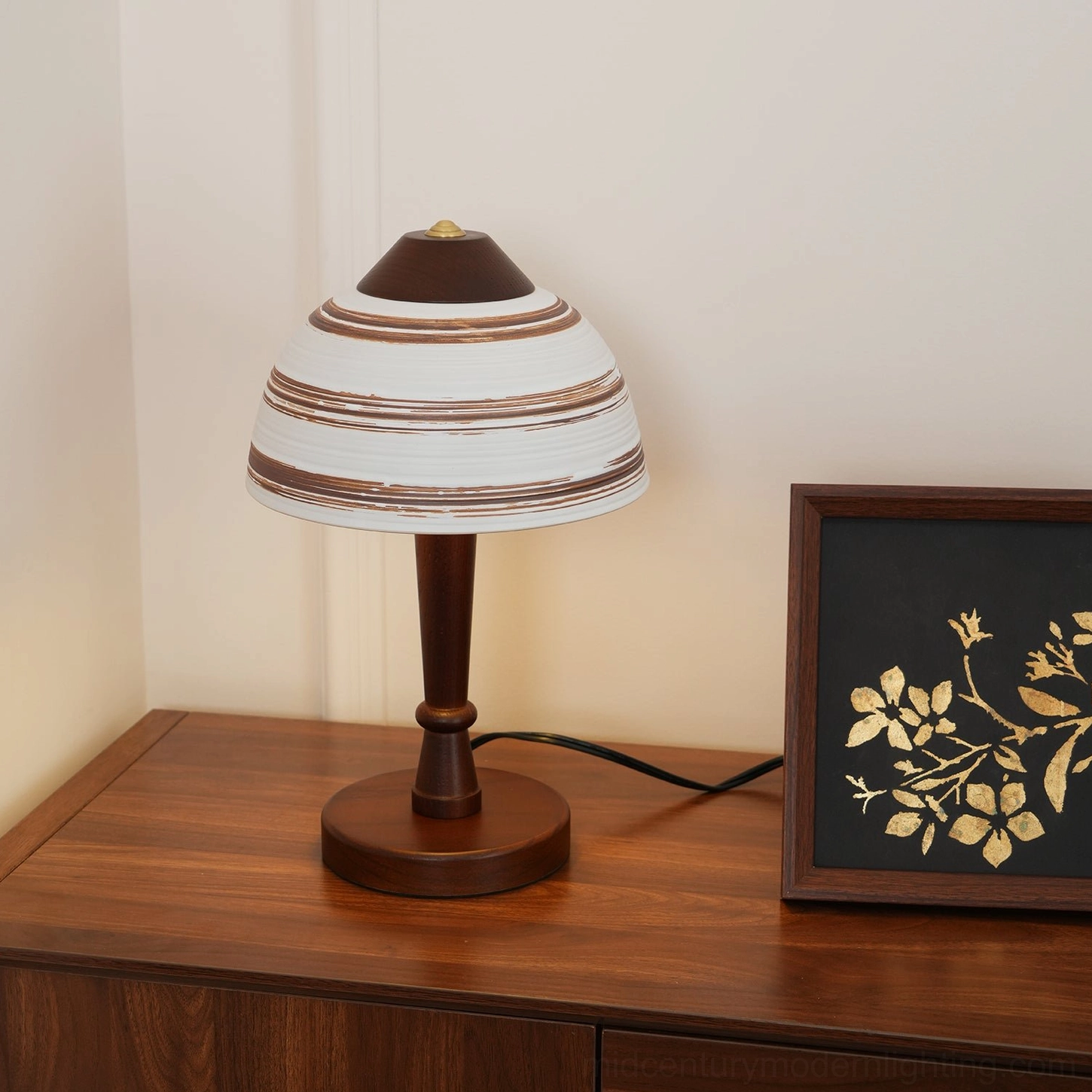 Athena table lamp detailed view of ceramic shade brushed texture and walnut wood base construction quality