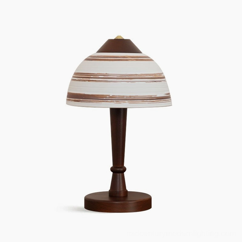 Athena mid-century modern table lamp walnut wood base white ceramic hand-painted striped shade product image