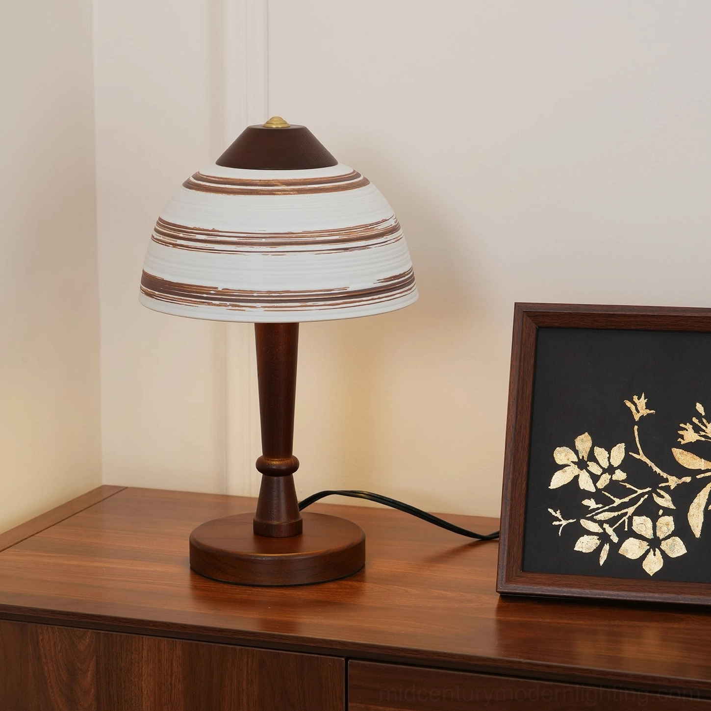 Athena mid-century modern table lamp complete view showing proportions and design balance walnut ceramic
