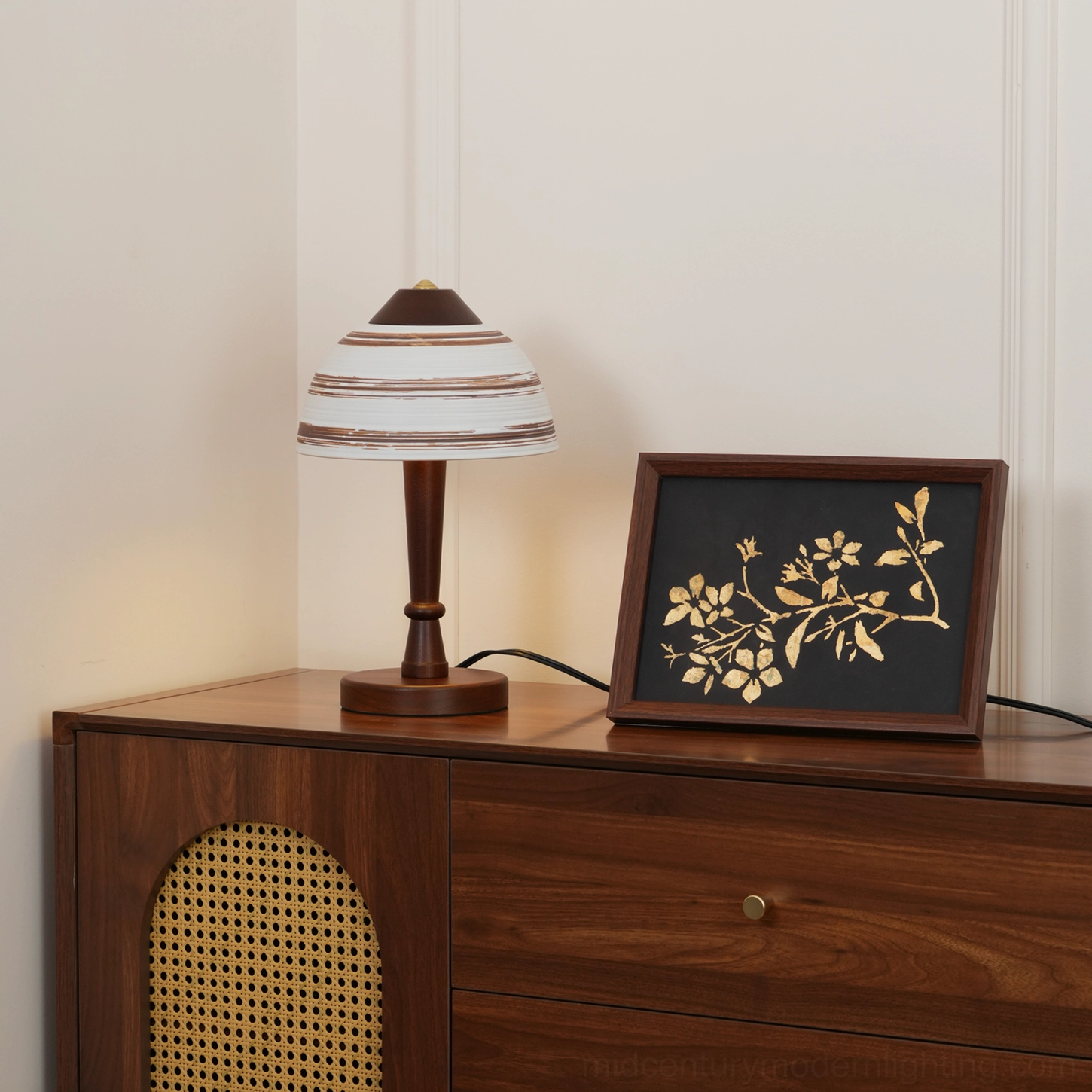 Athena ceramic table lamp with walnut base and hand-painted striped shade styling reference for home decor
