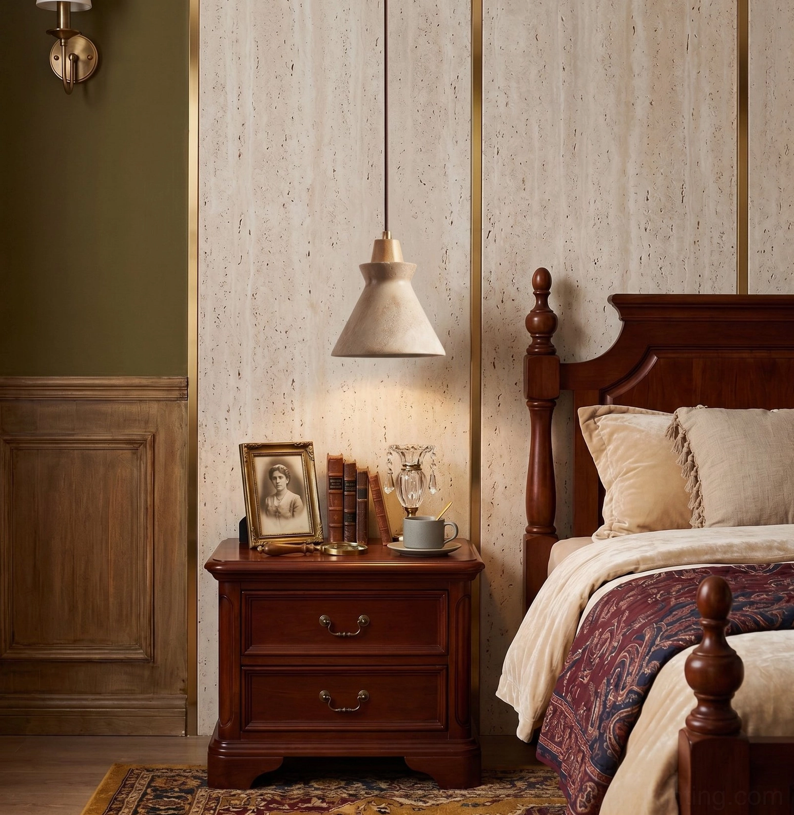 Athena travertine pendant light installed in vintage bedroom with dark green accent wall and wood paneling