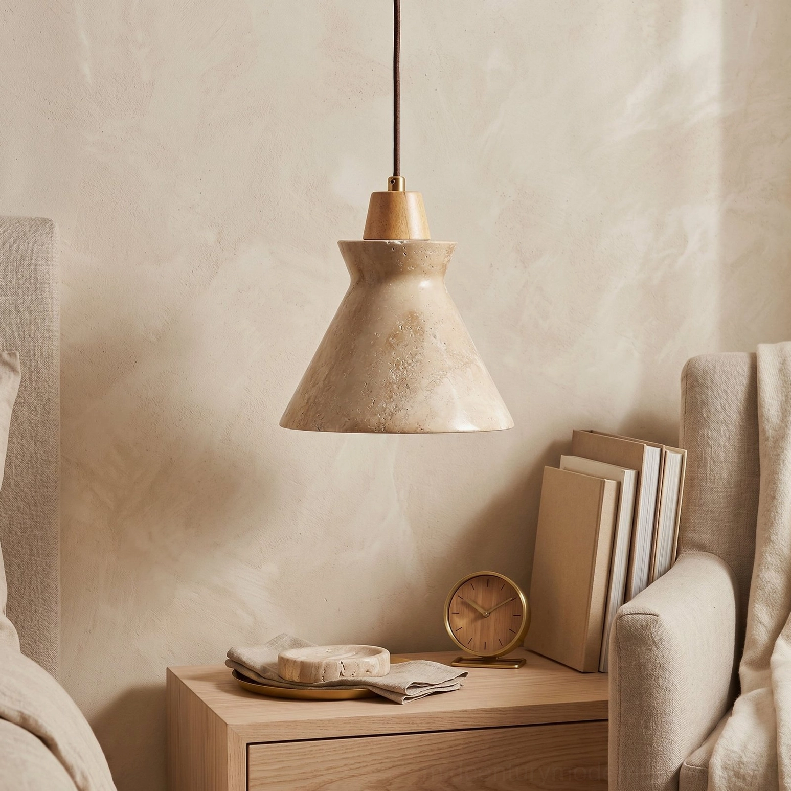 Athena travertine stone pendant illuminated above bedroom bedside table, warm ambient lighting