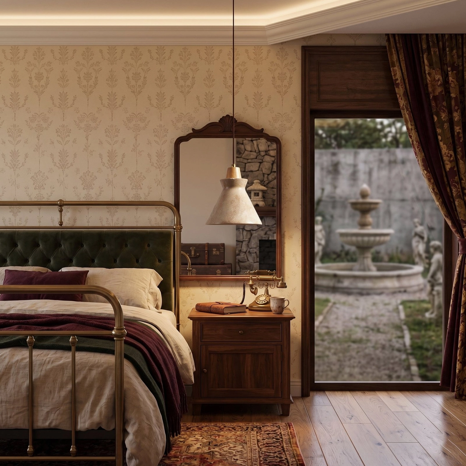 Two Athena travertine pendants in farmhouse bedroom and courtyard setting, metal bed frame