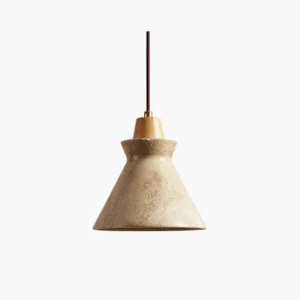 Athena travertine pendant light with hand-carved hourglass cone shape, front view on neutral background
