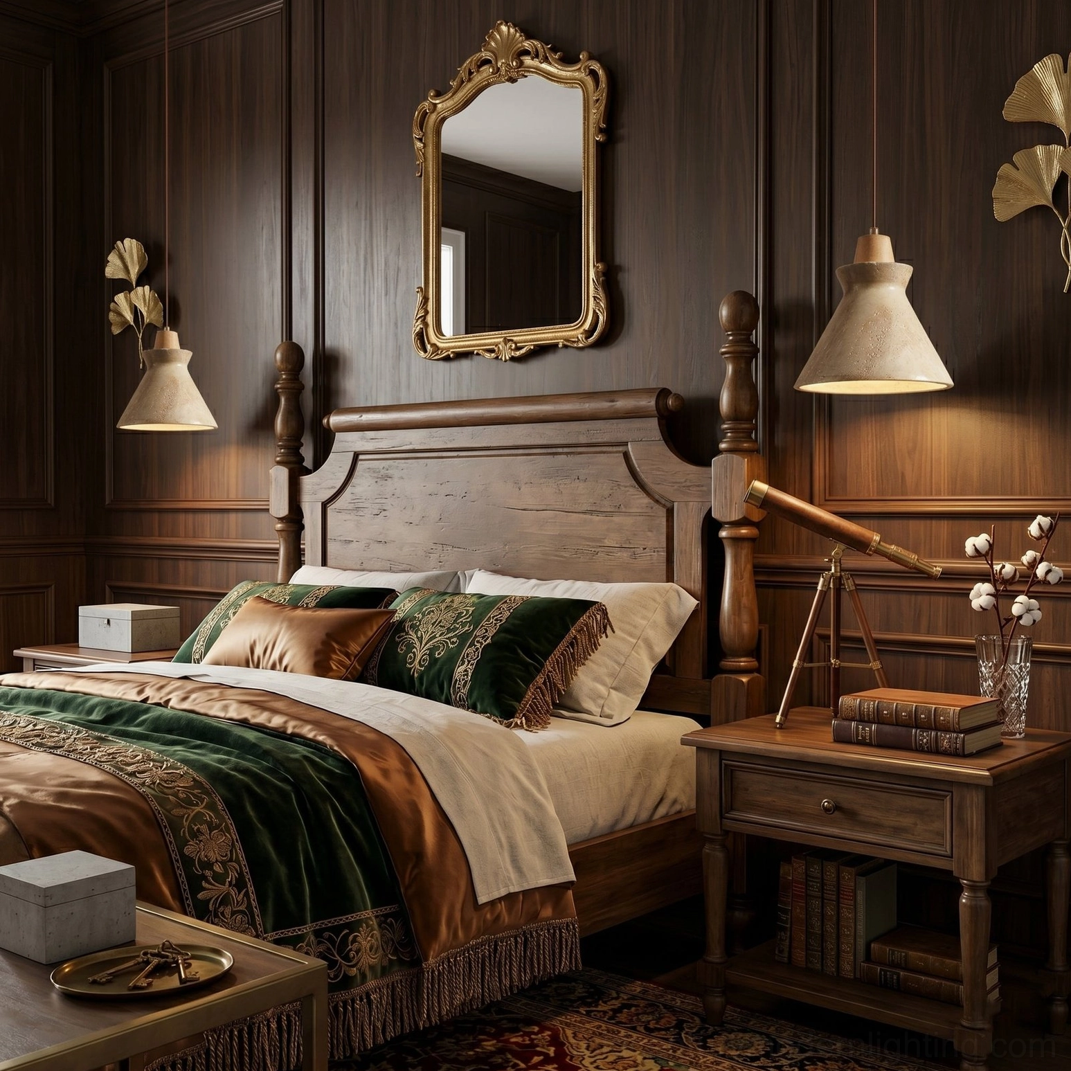 Two Athena travertine pendants in luxury dark wood bedroom with gilded mirror and walnut accents