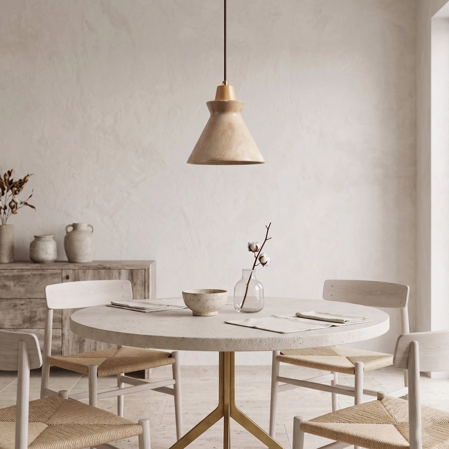 Athena hand-carved travertine pendant showing natural stone pitting and striation detail
