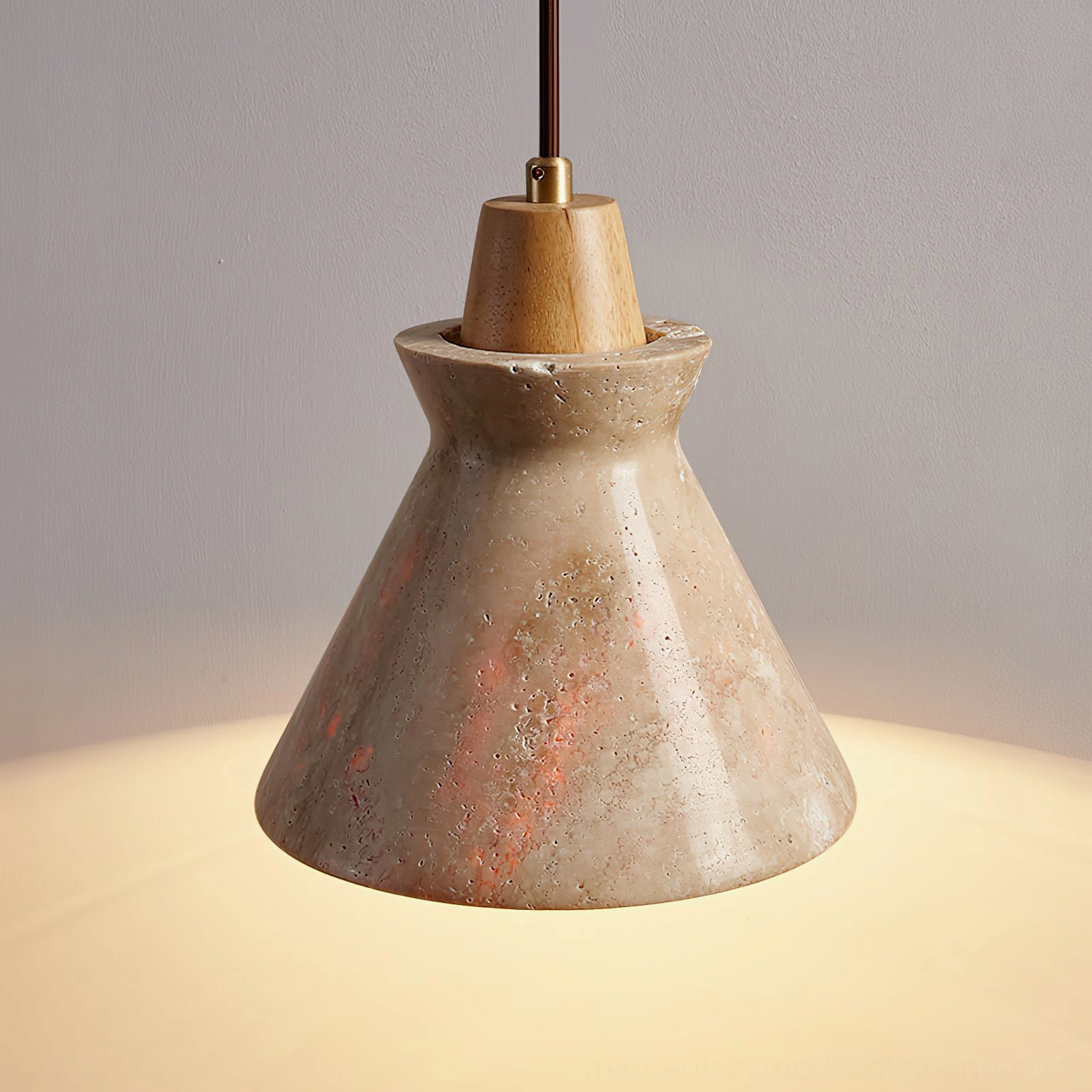 Athena travertine pendant light walnut and beige finish variant, bedroom ambiance view