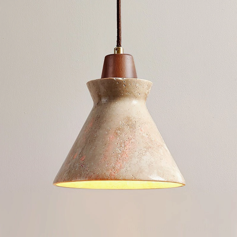 Athena travertine pendant walnut variant, hand-shaped hourglass cone mid-century modern design