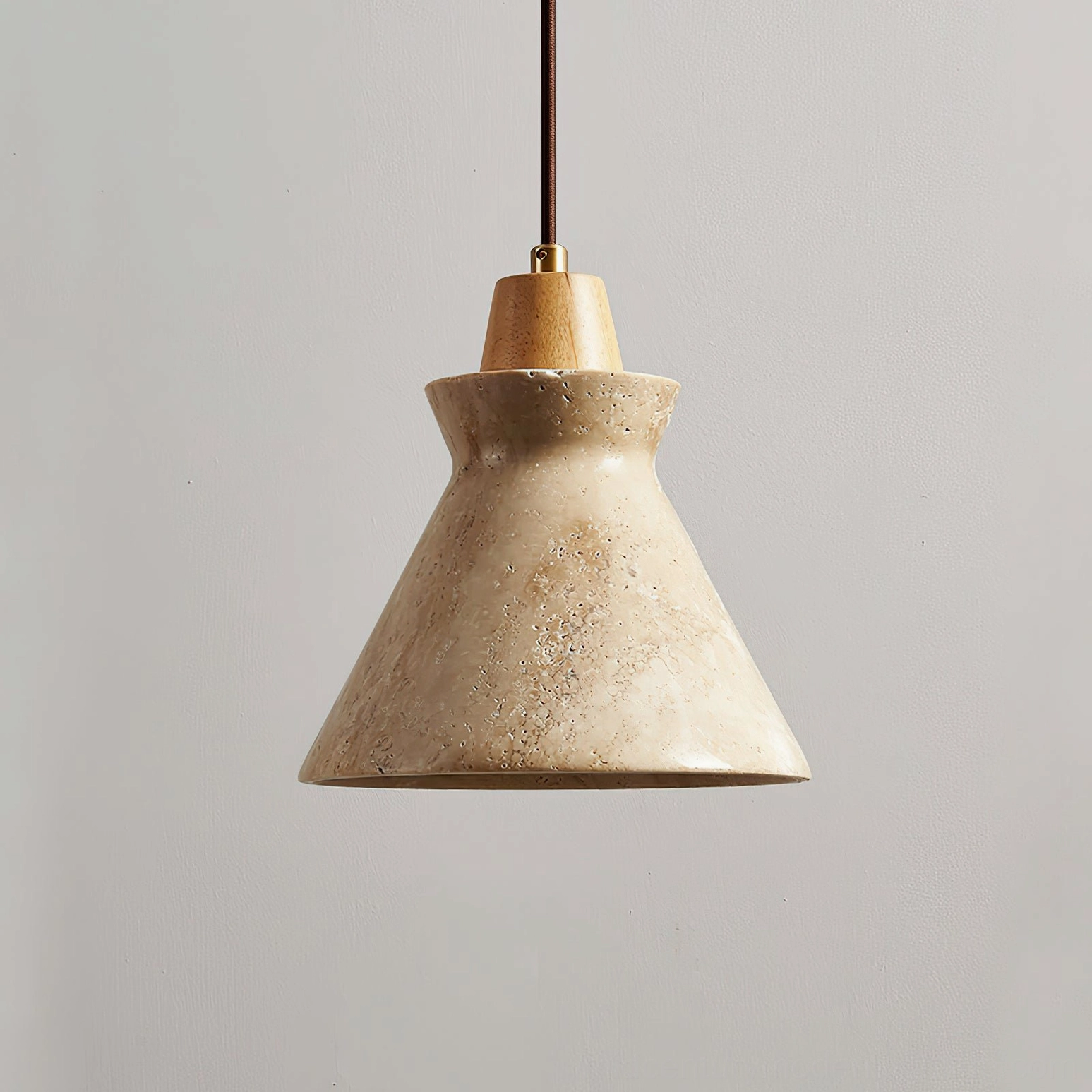 Athena travertine stone pendant wood color and beige finish, warm interior lighting