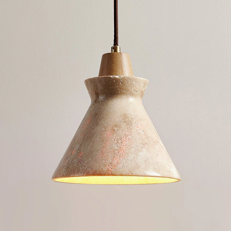 Athena travertine pendant wood color finish, natural stone warm tones and brass fitting