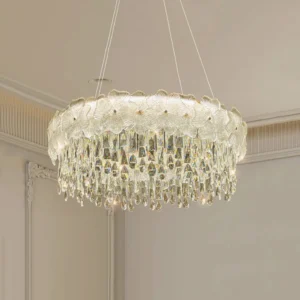 Crystal chandelier three-quarter angle revealing geometric arrangement of hand-cut faceted crystals and modern luxury design details