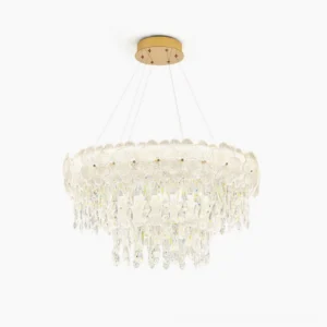 Atlas crystal chandelier front view studio shot showcasing tiered crystal petals and cascading droplets with premium stainless steel frame