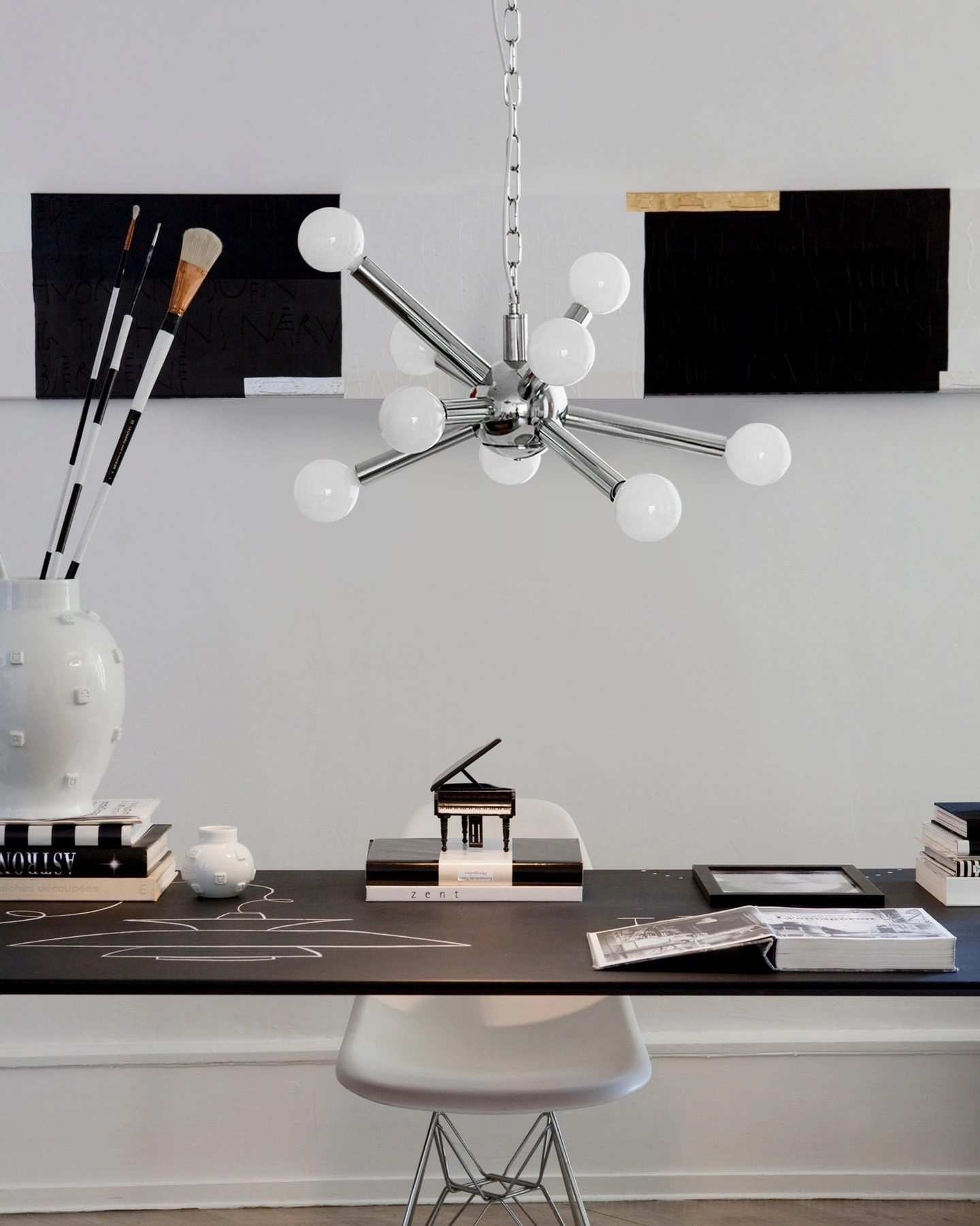 Sputnik chandelier above home office desk, chrome finish, minimalist workspace, atomic age pendant lighting