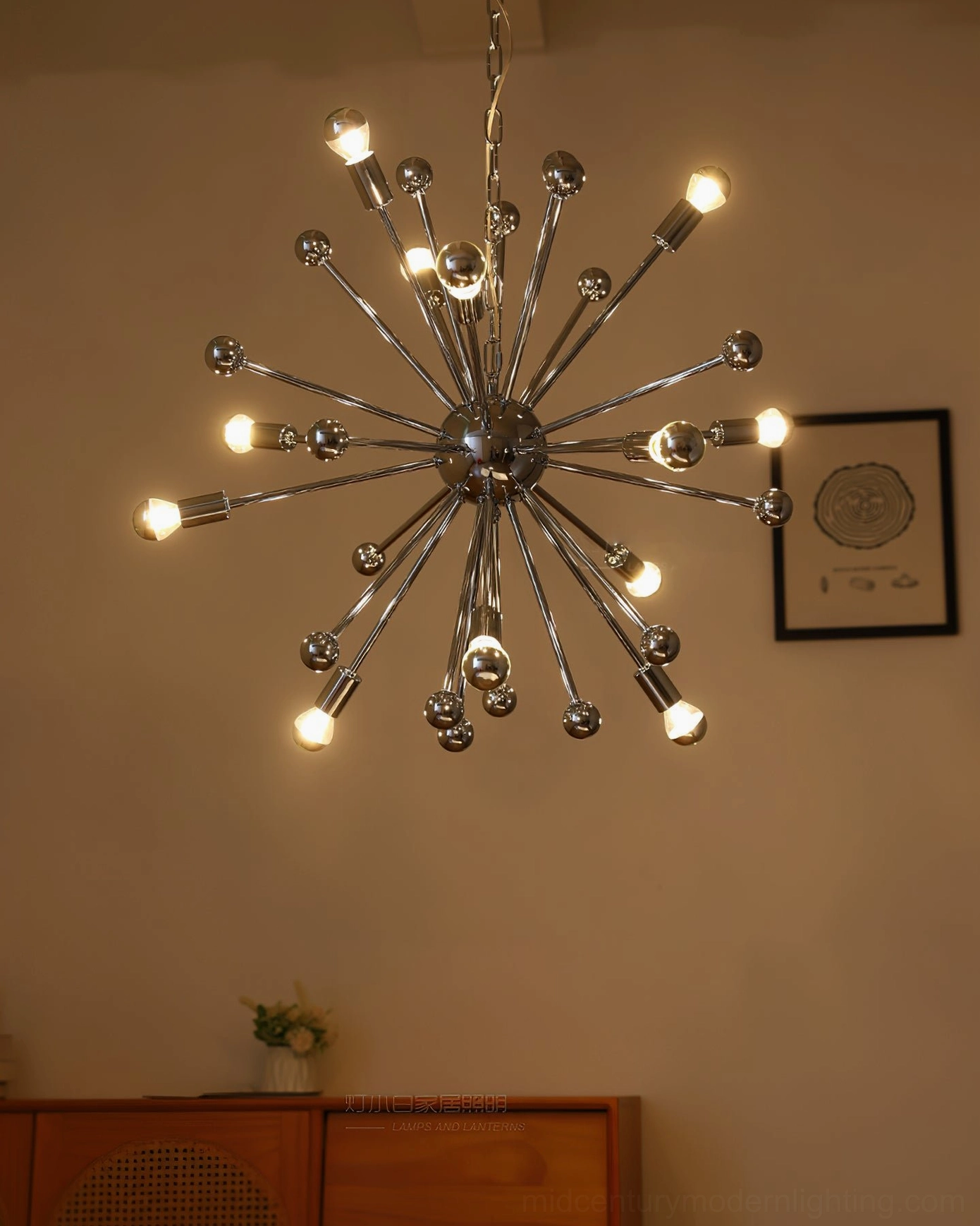 Atomic-era sputnik ceiling light polished chrome metallic rays unlit perspective