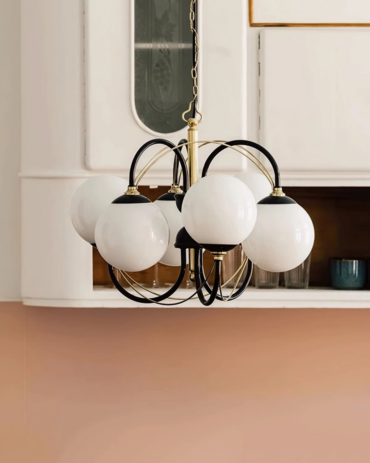 Atomic Orbit Sputnik-style chandelier showing architectural detail of radial metal arms and globe positioning