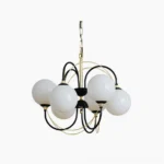 Atomic Orbit Chandelier with six frosted glass globes and black-gold metal frame, front view on white background