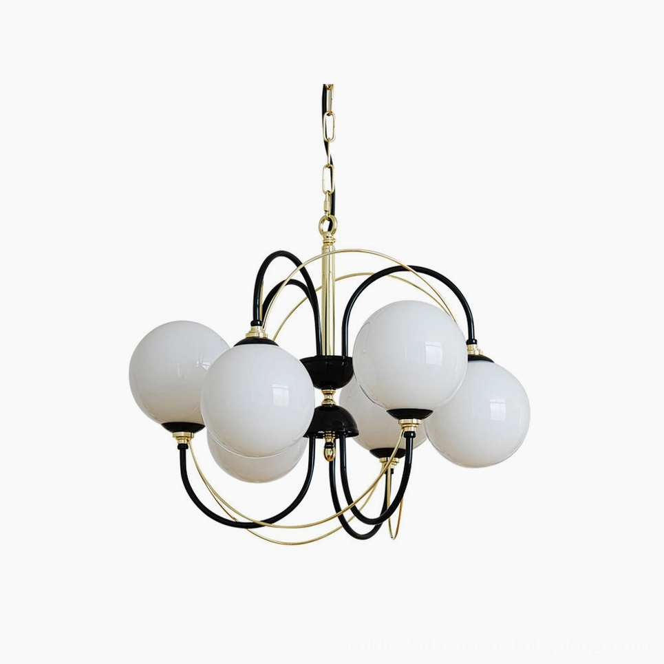 Atomic Orbit Chandelier with six frosted glass globes and black-gold metal frame, front view on white background