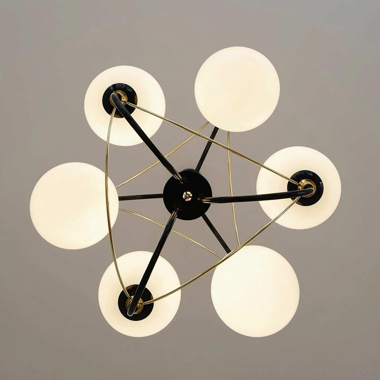 Atomic Orbit retro-futuristic chandelier suspension and hanging mechanism detail with adjustable chain