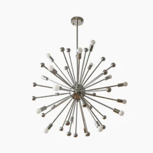 Polished chrome atomic sputnik chandelier starburst design front view studio photography