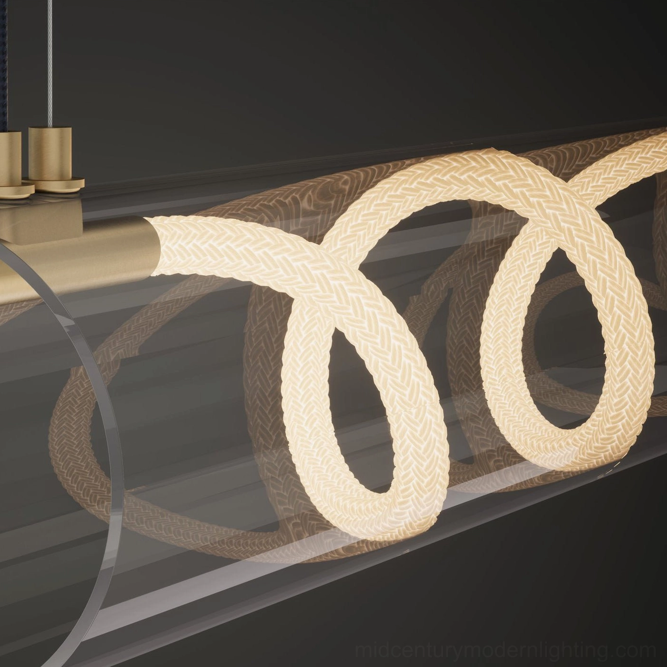 Extreme close-up of Attalea linear pendant chandelier light strip showing braided woven texture and wavy LED loops