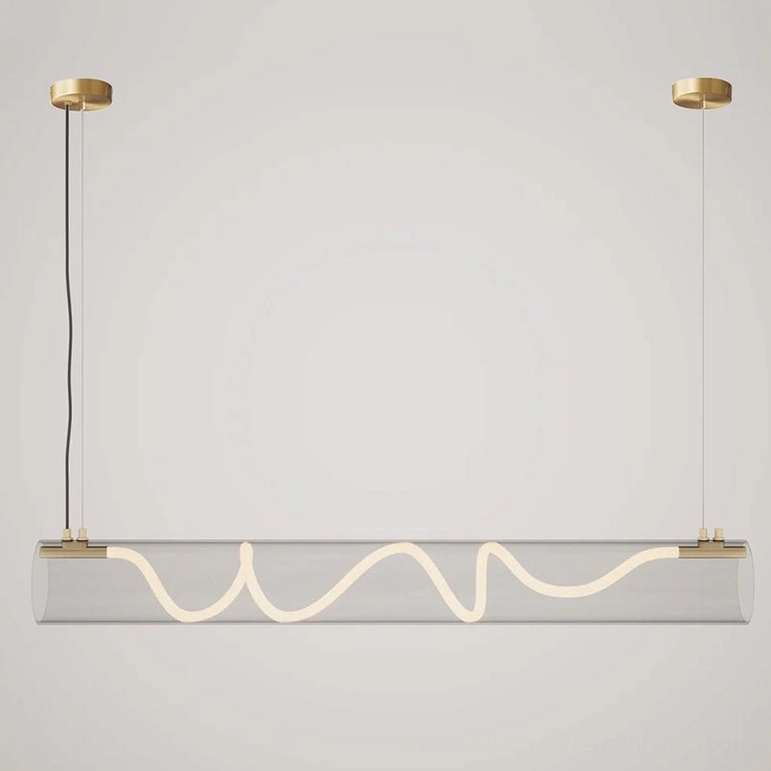 Attalea linear pendant chandelier showing complete sculptural form with wavy LED element and metal frame construction